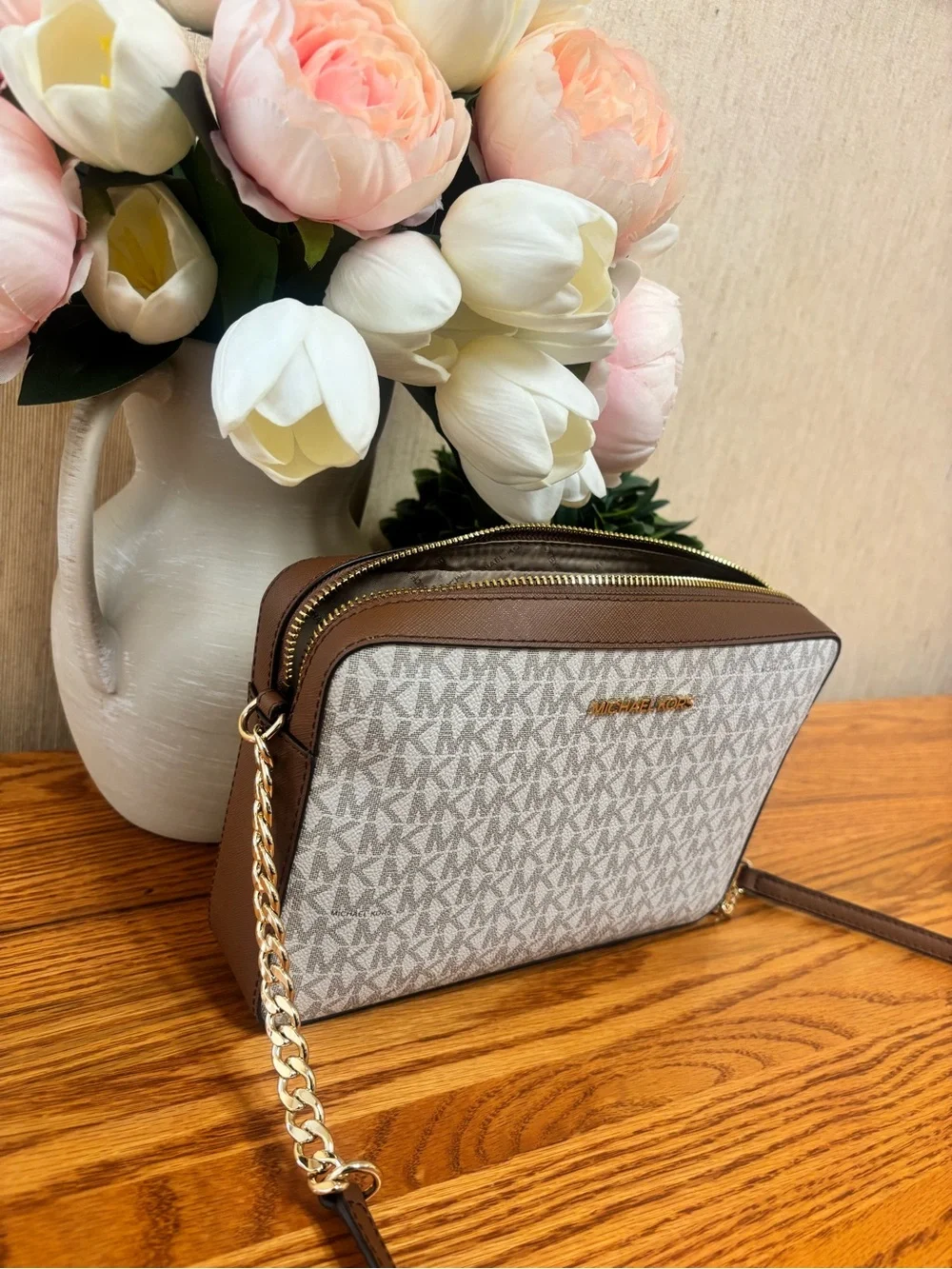 Michael Kors White and Brown Signature MK Crossbody Bag